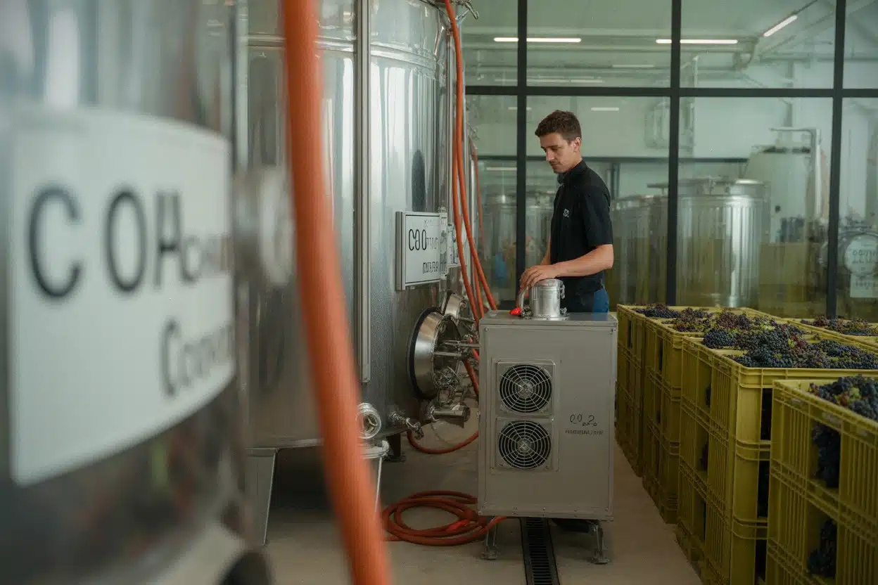 Module de captage du CO2 installé dans une cave viticole française