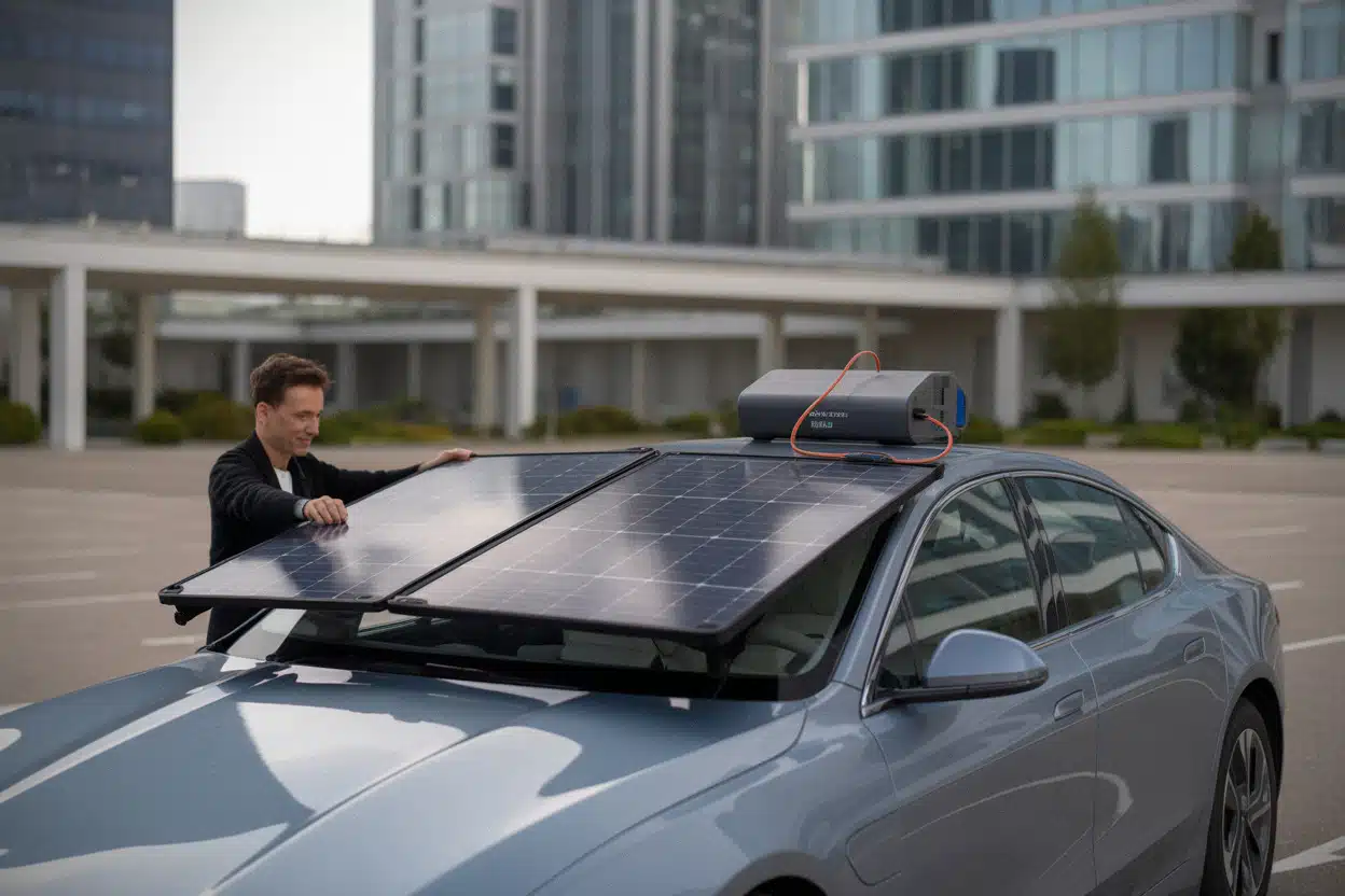 Pare-soleil solaire relié à une batterie portable EcoFlow