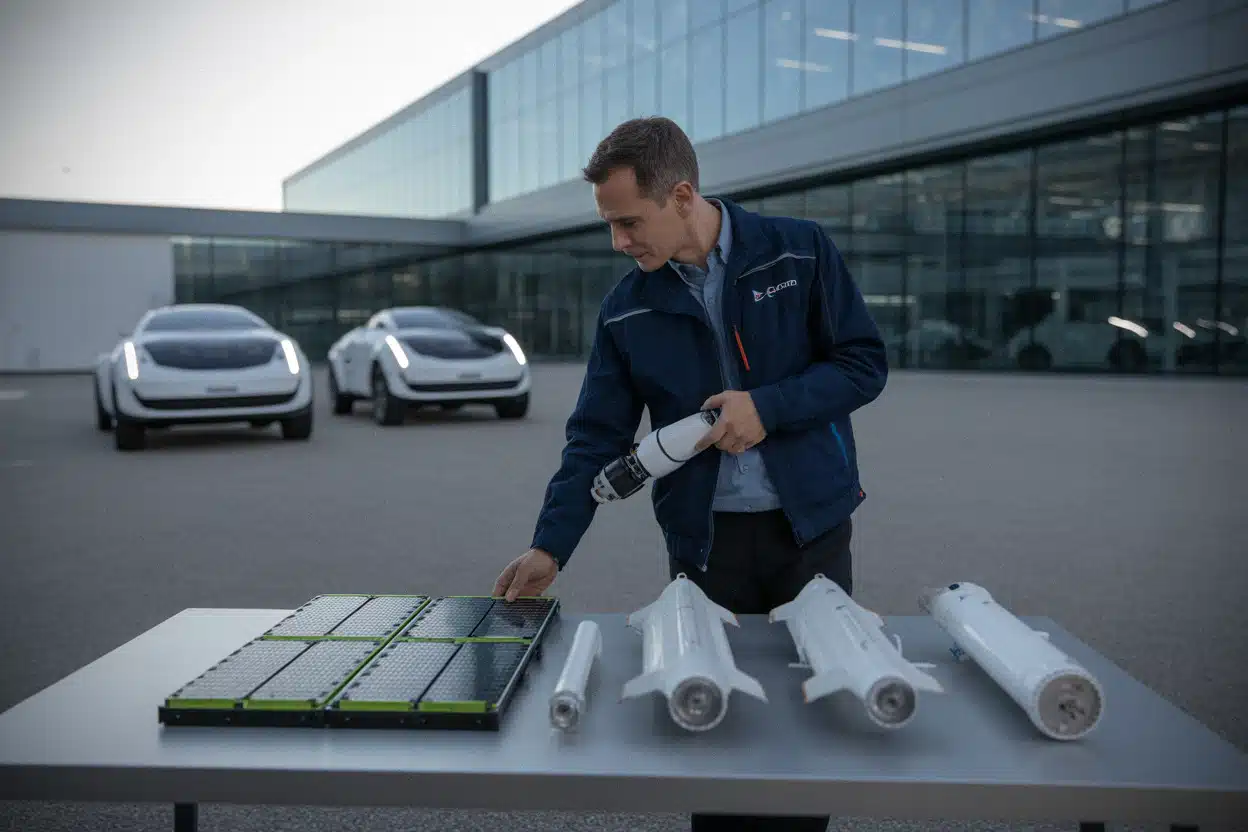 Ingénieurs travaillant sur technologies communes entre voiture électrique et spatial