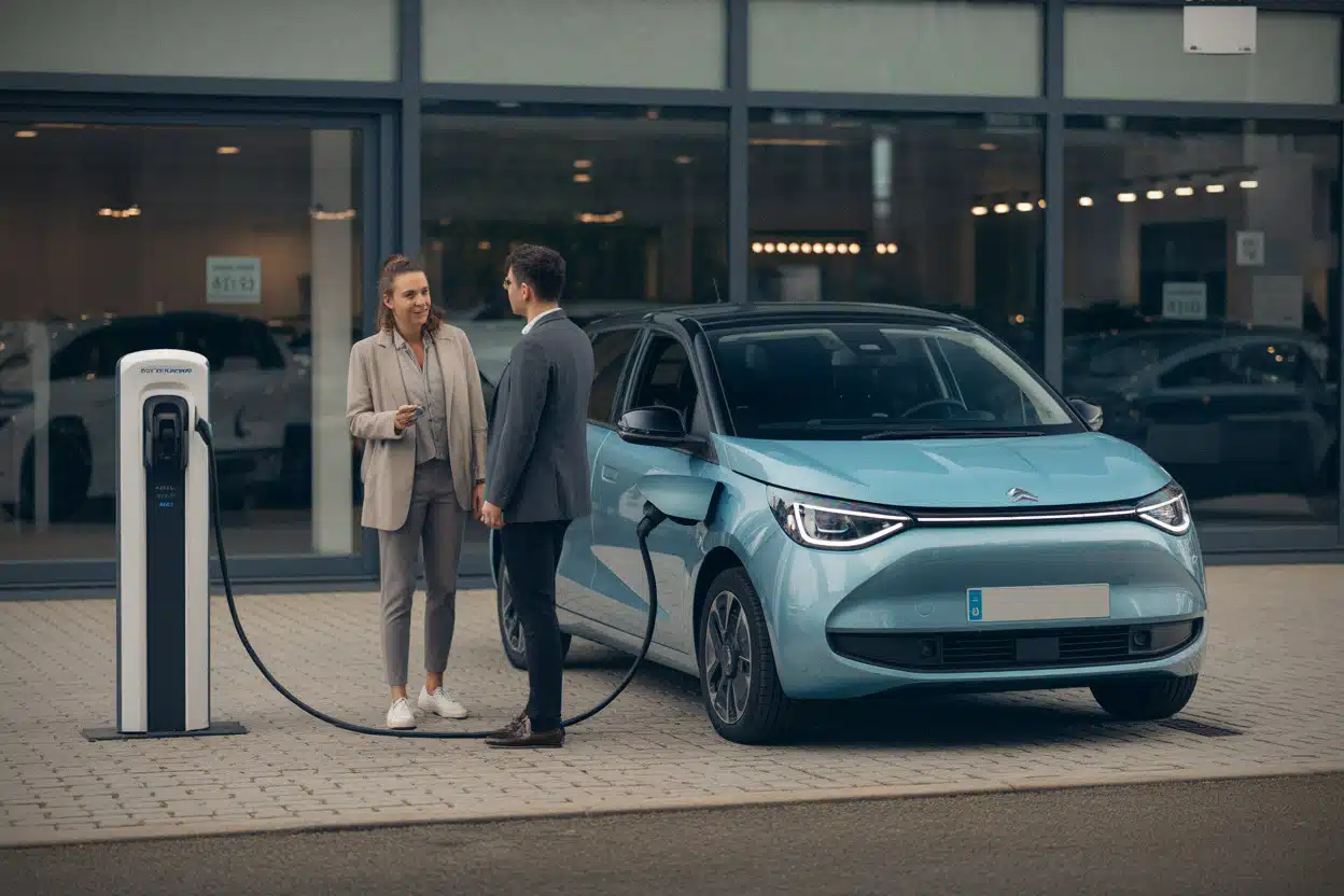 Concessionnaire présentant une voiture électrique en leasing social à un client