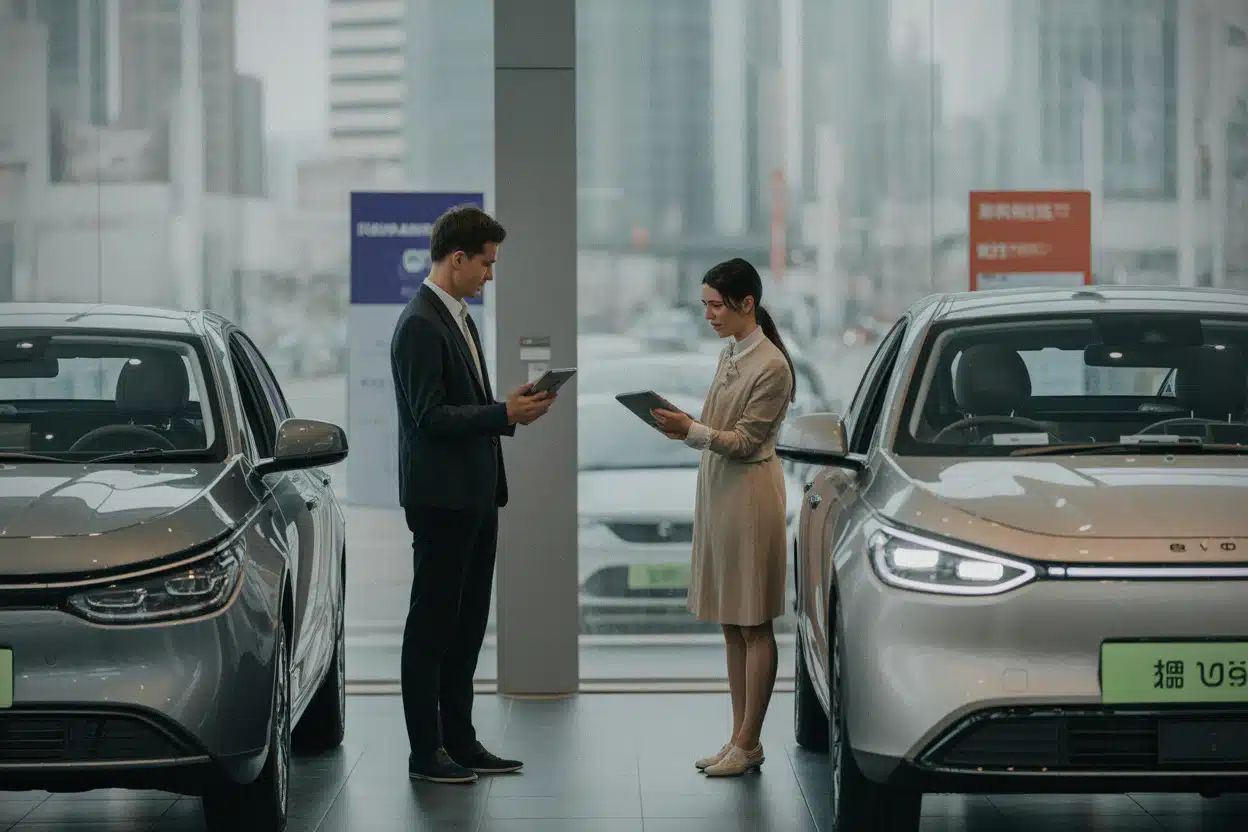 Acheteurs chinois comparant des voitures électriques à bas prix