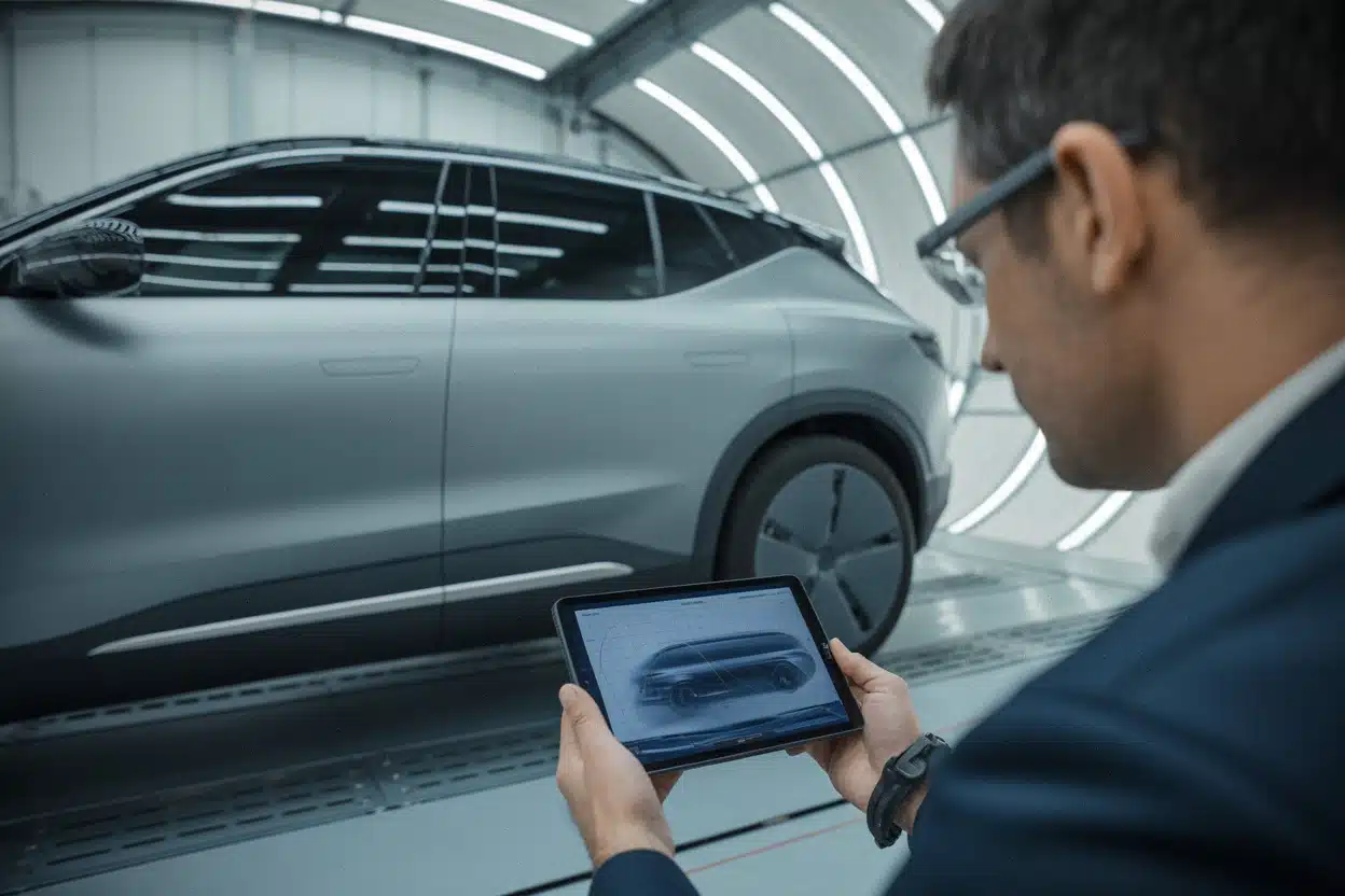Essai aérodynamique d’un SUV électrique moderne en laboratoire