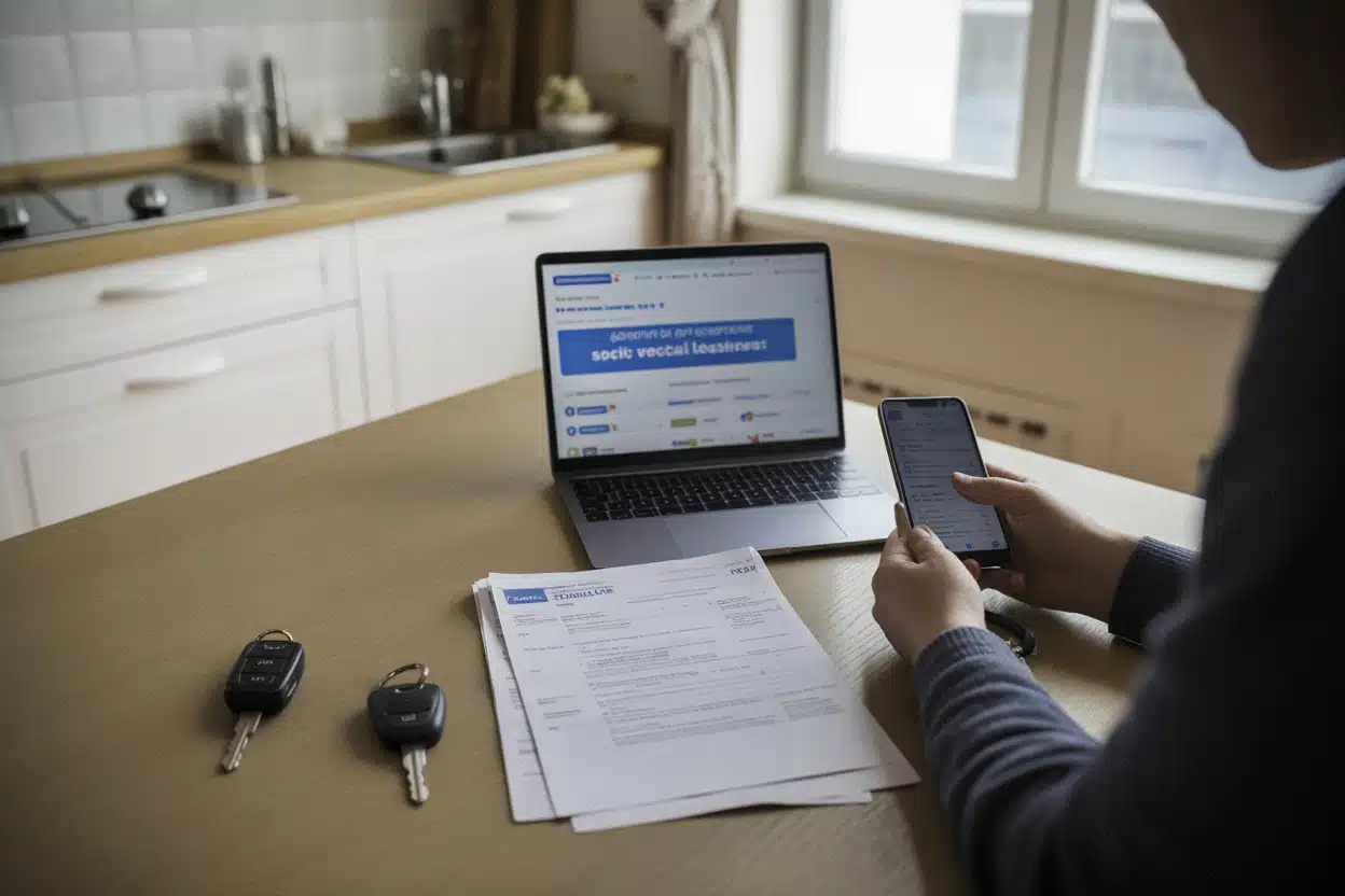 Famille vérifiant son éligibilité au leasing social électrique à domicile