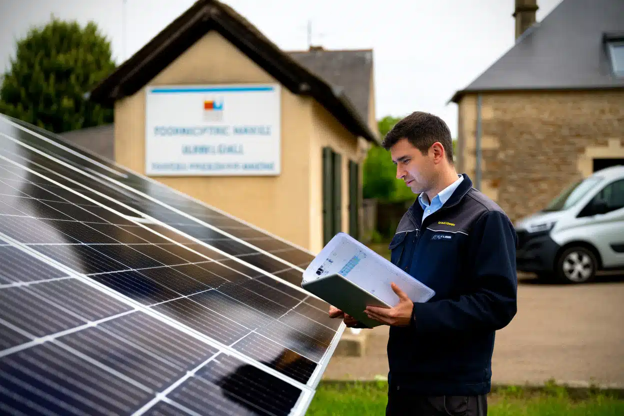 Technicien solaire devant une mairie rurale en Mayenne