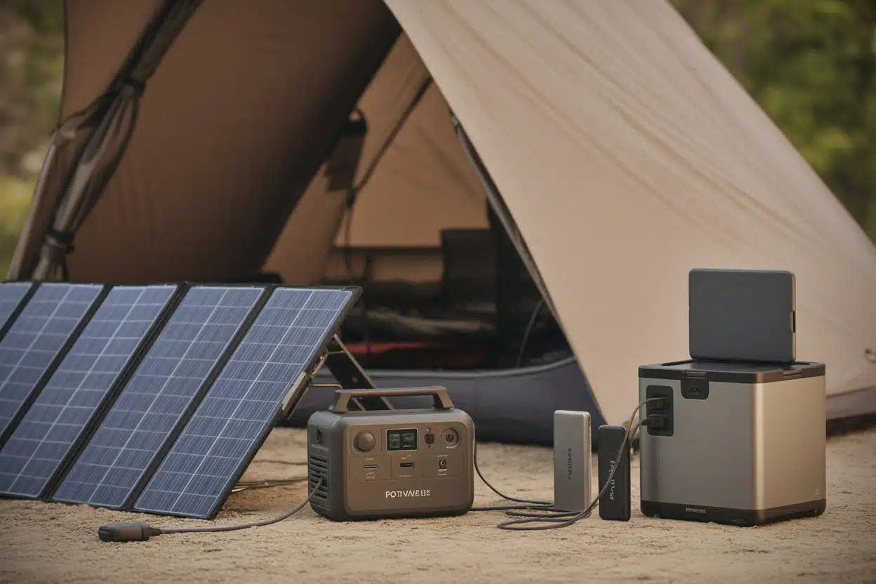 Station électrique portable branchée à un panneau solaire de camping