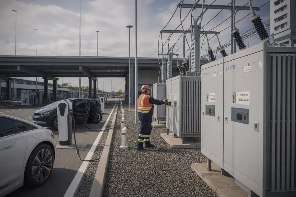 Techniciens Enedis près de transformateurs alimentant des bornes rapides