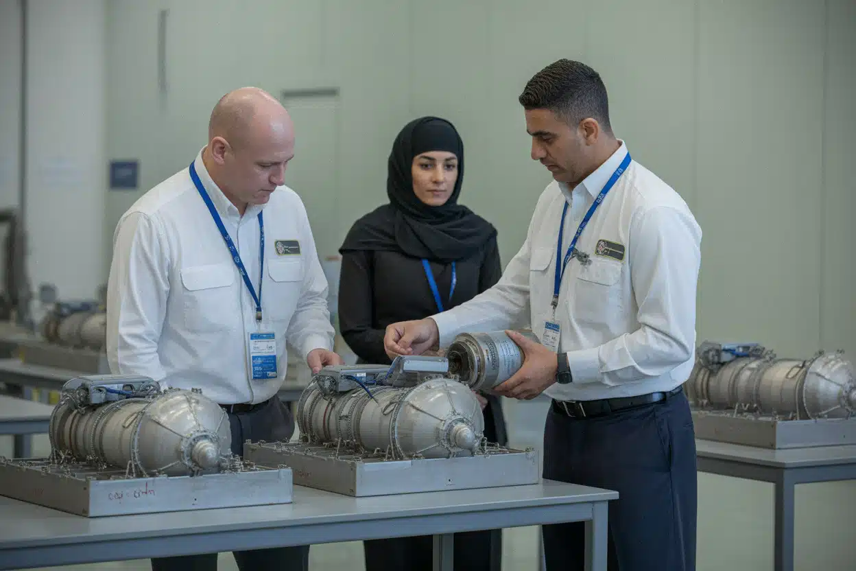 Experts américains et saoudiens examinant des équipements nucléaires civils