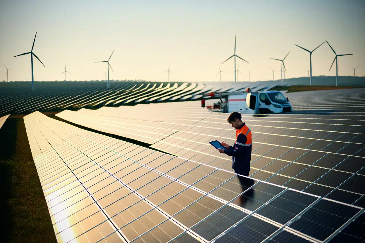 Technicien inspectant un parc solaire avec éoliennes en arrière-plan