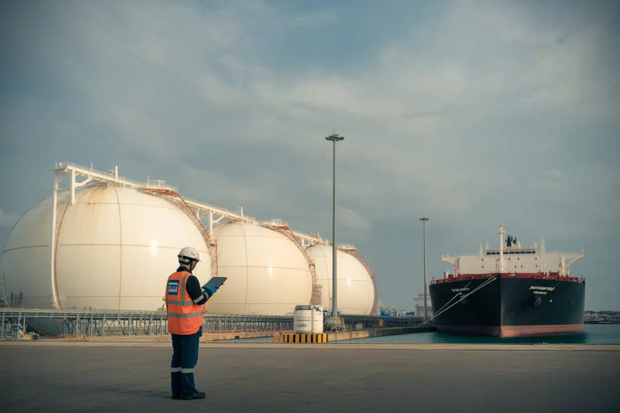 Terminal GNL européen avec réservoirs de gaz et méthanier au port