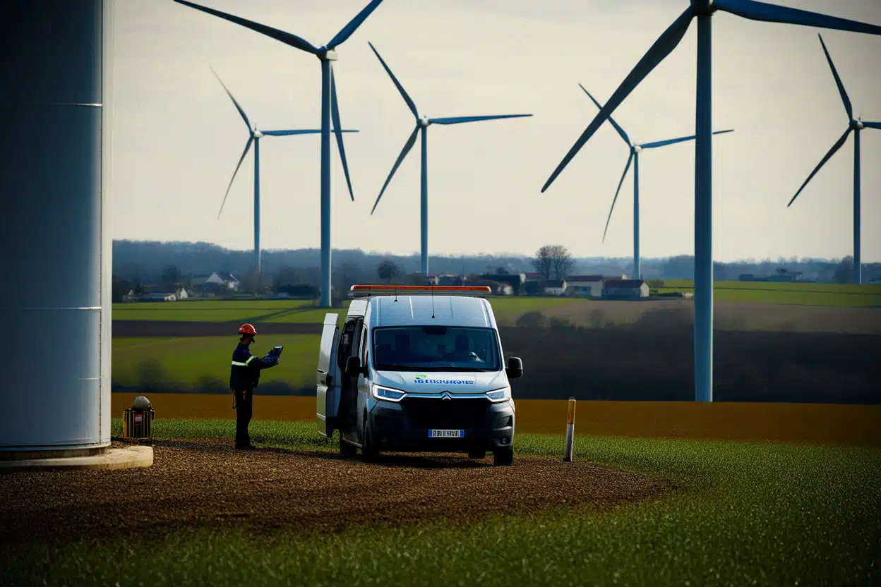 Technicien sur un parc éolien terrestre en France