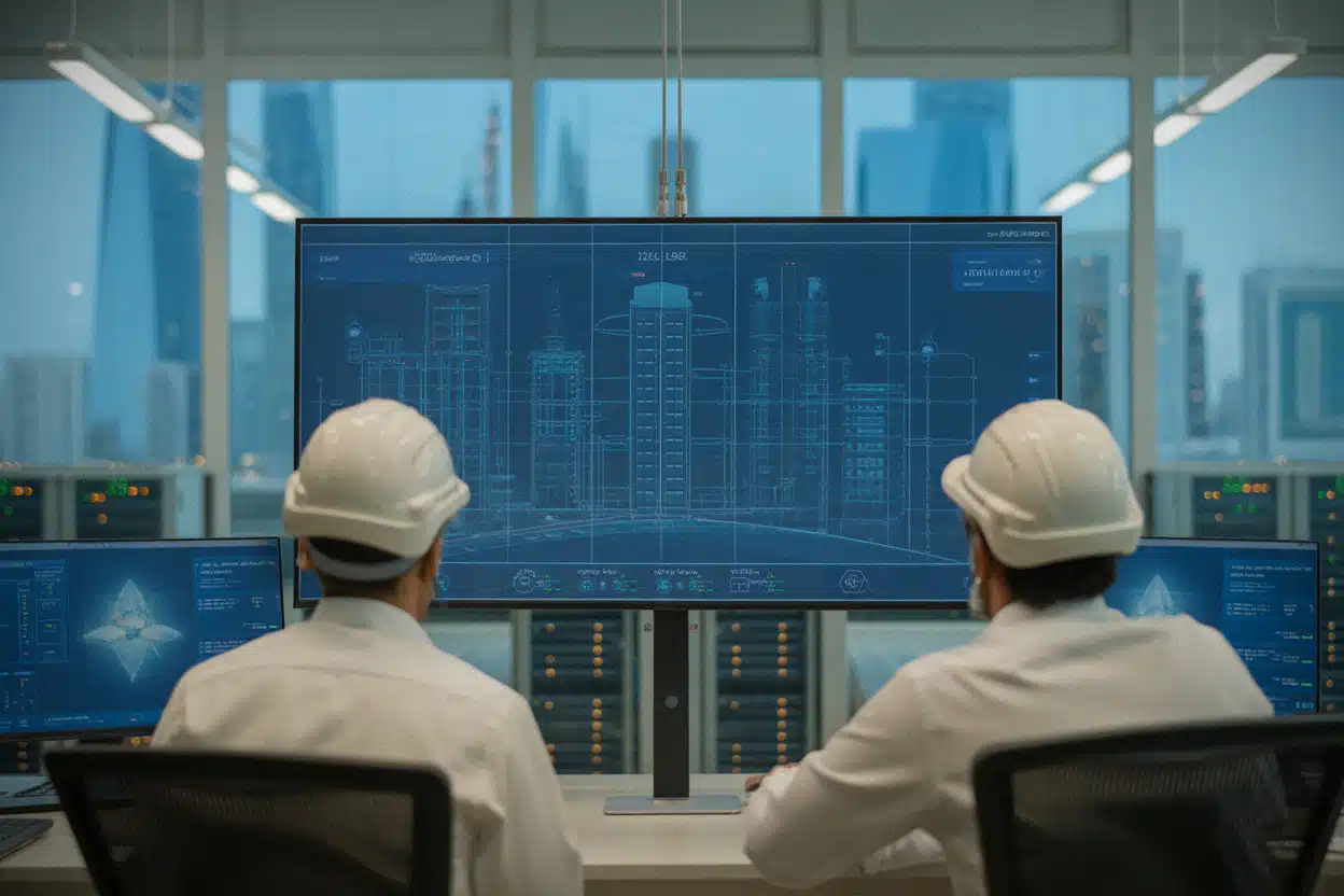 Ingénieurs saoudiens supervisant un réseau énergétique moderne à Riyad