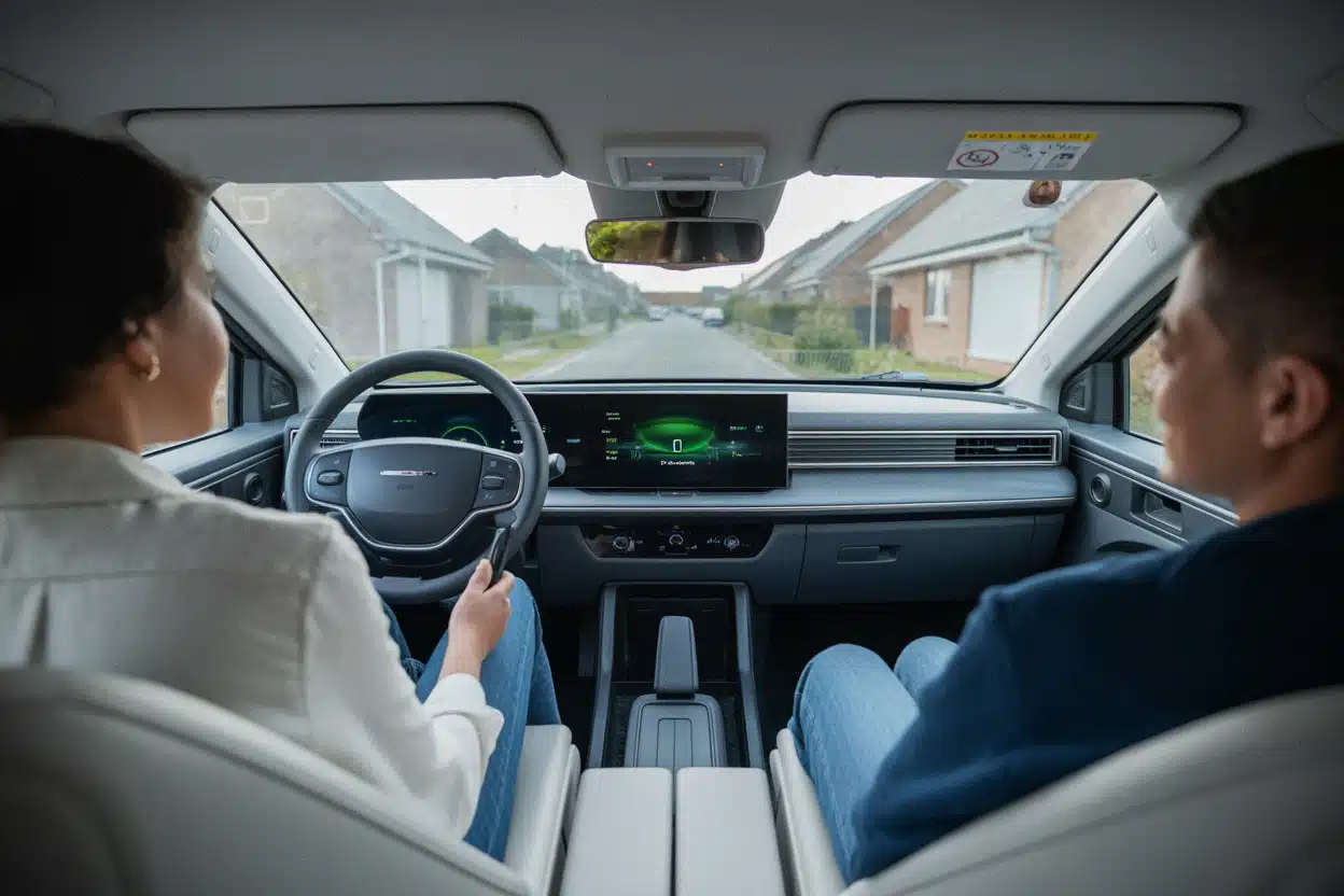 Voiture électrique compacte illustrant autonomie et consommation moyenne