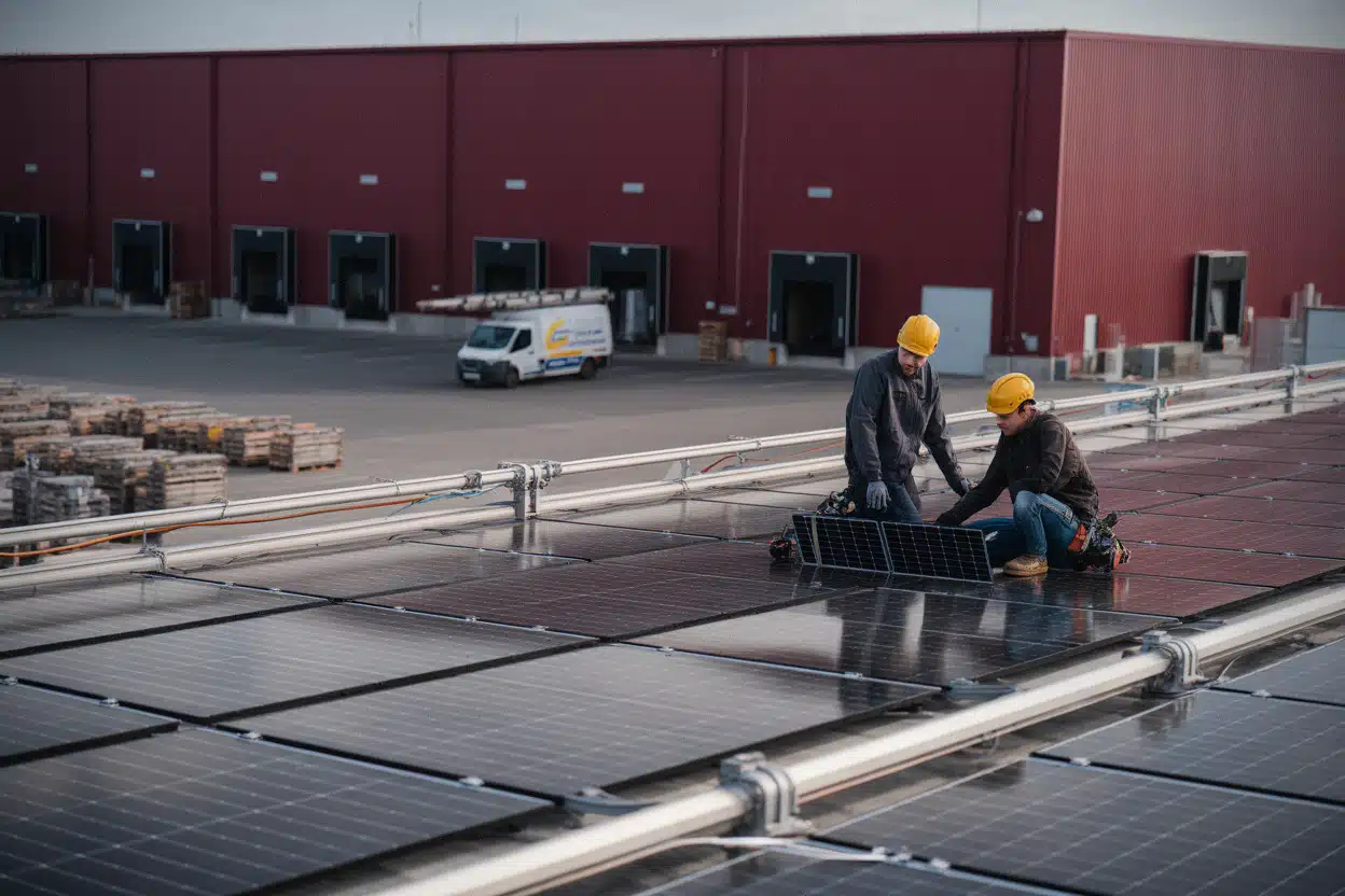 Techniciens inspectant une toiture solaire industrielle en Bourgogne