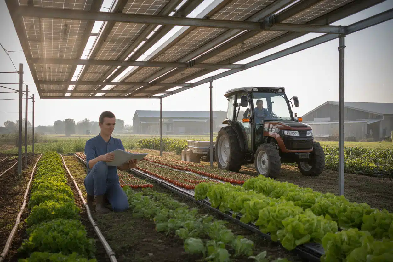Panneaux agrivoltaïques protégeant des cultures maraîchères sous ombre partielle