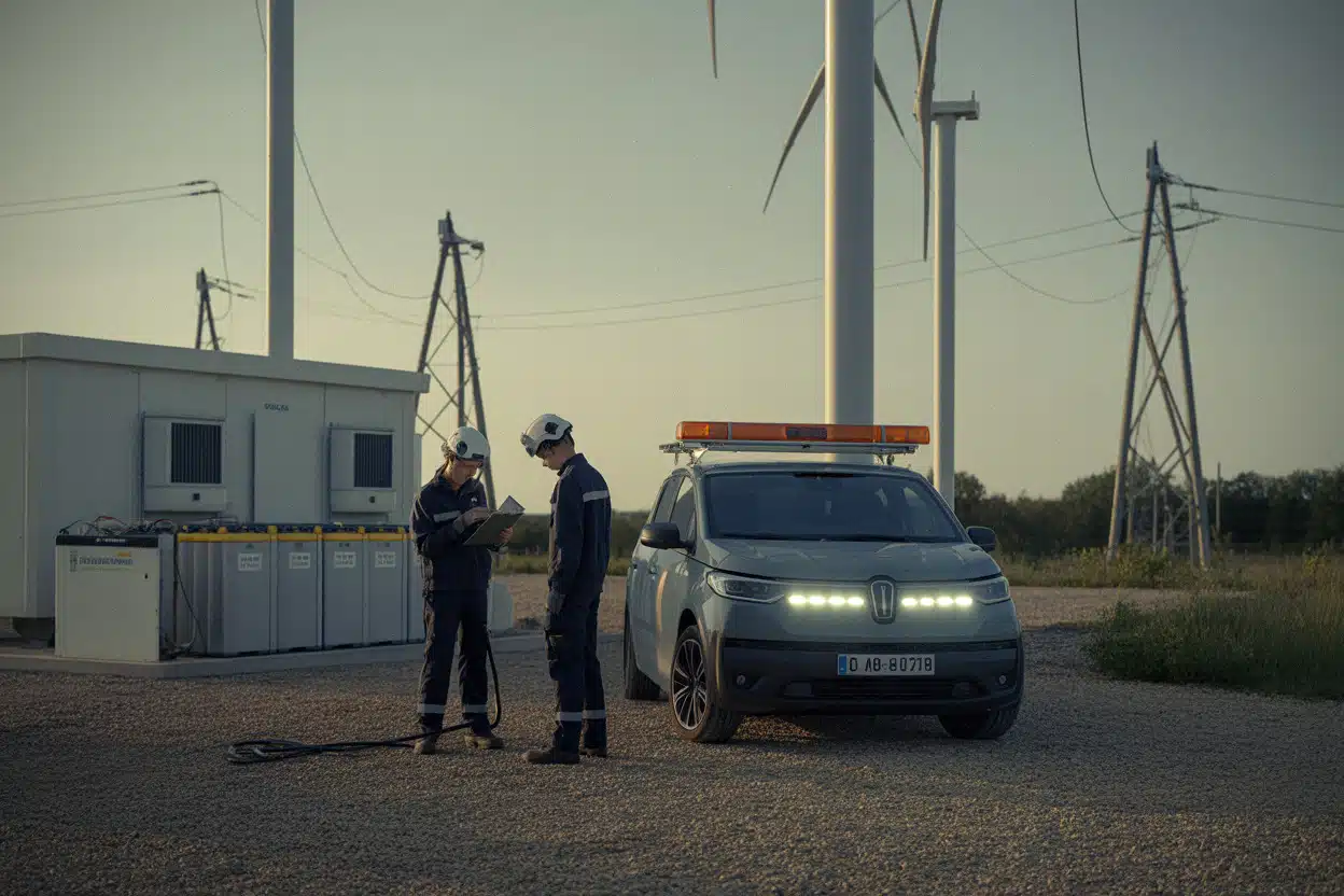 Techniciens près d’un parc éolien et solaire raccordé au réseau