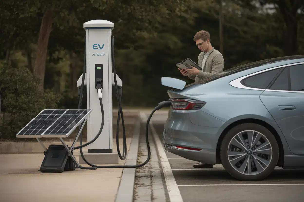 Recharge solaire d’appoint face à une borne rapide électrique