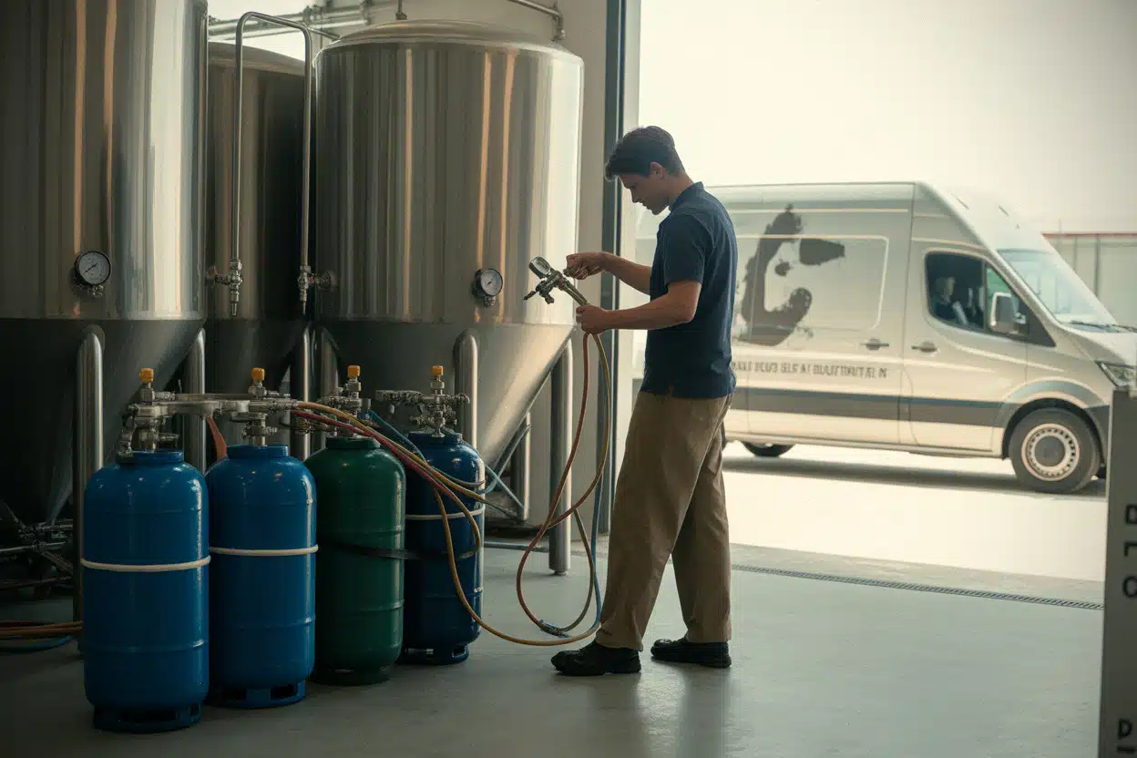 Brasseur contrôlant des bouteilles de CO2 dans une brasserie artisanale