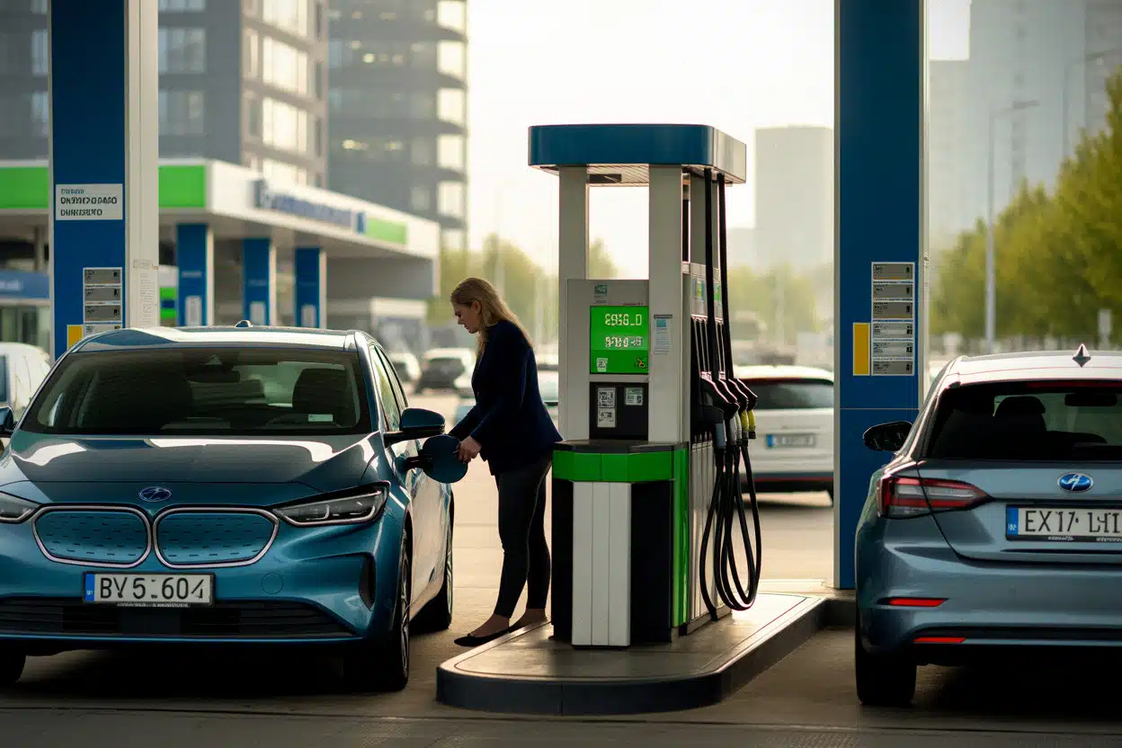 Station-service moderne illustrant l’impact des prix du carburant