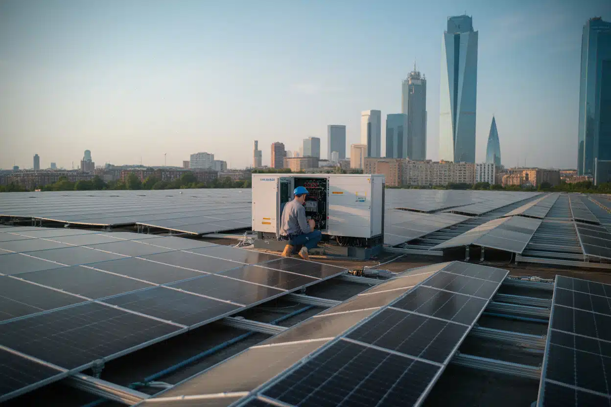 Panneaux solaires alimentant le réseau électrique européen en journée