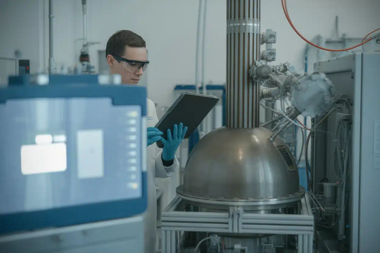 Chercheur observant un dispositif expérimental de fusion nucléaire sécurisé