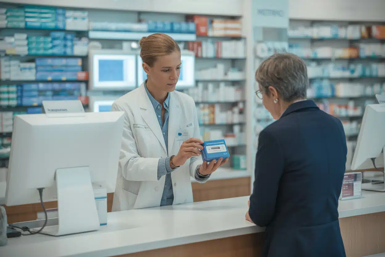 Pharmacien conseillant un patient sur un autotest de dépistage médical