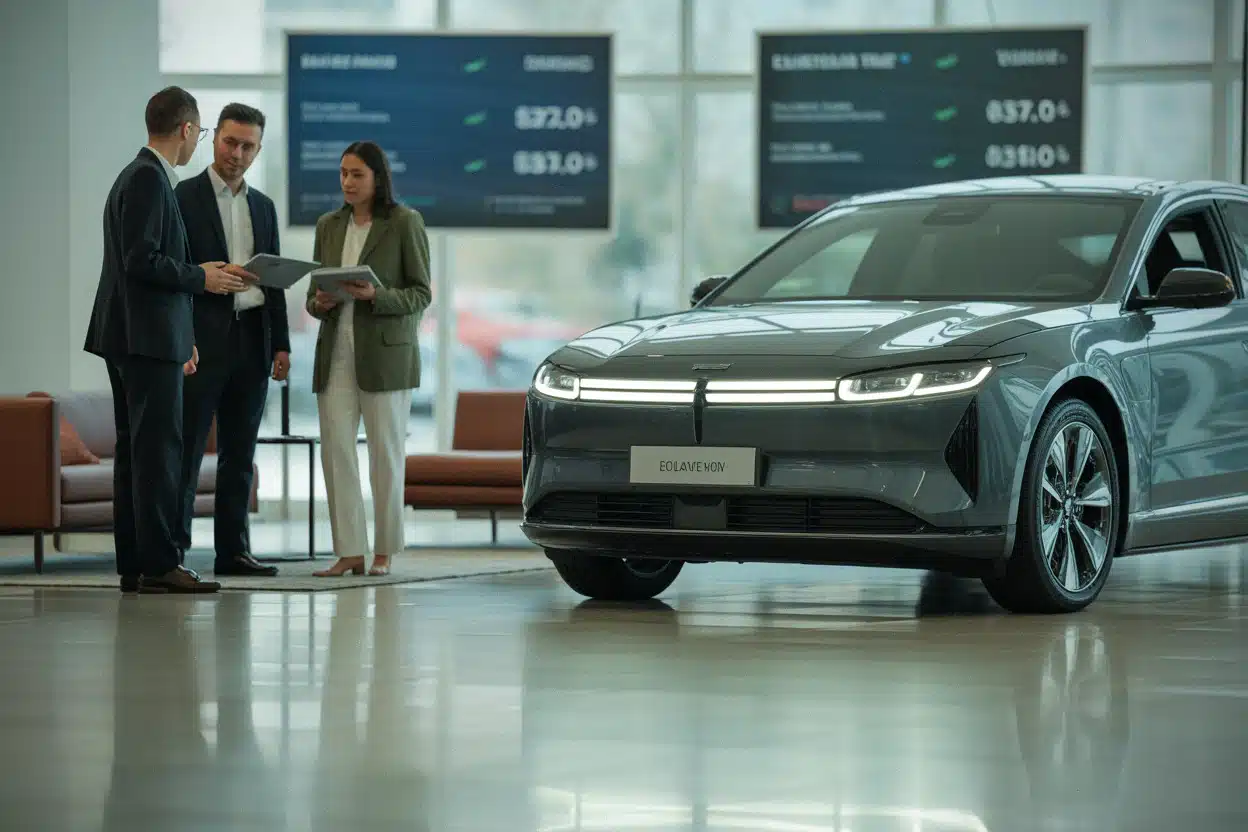 Berline électrique Mercedes présentée dans une concession automobile premium