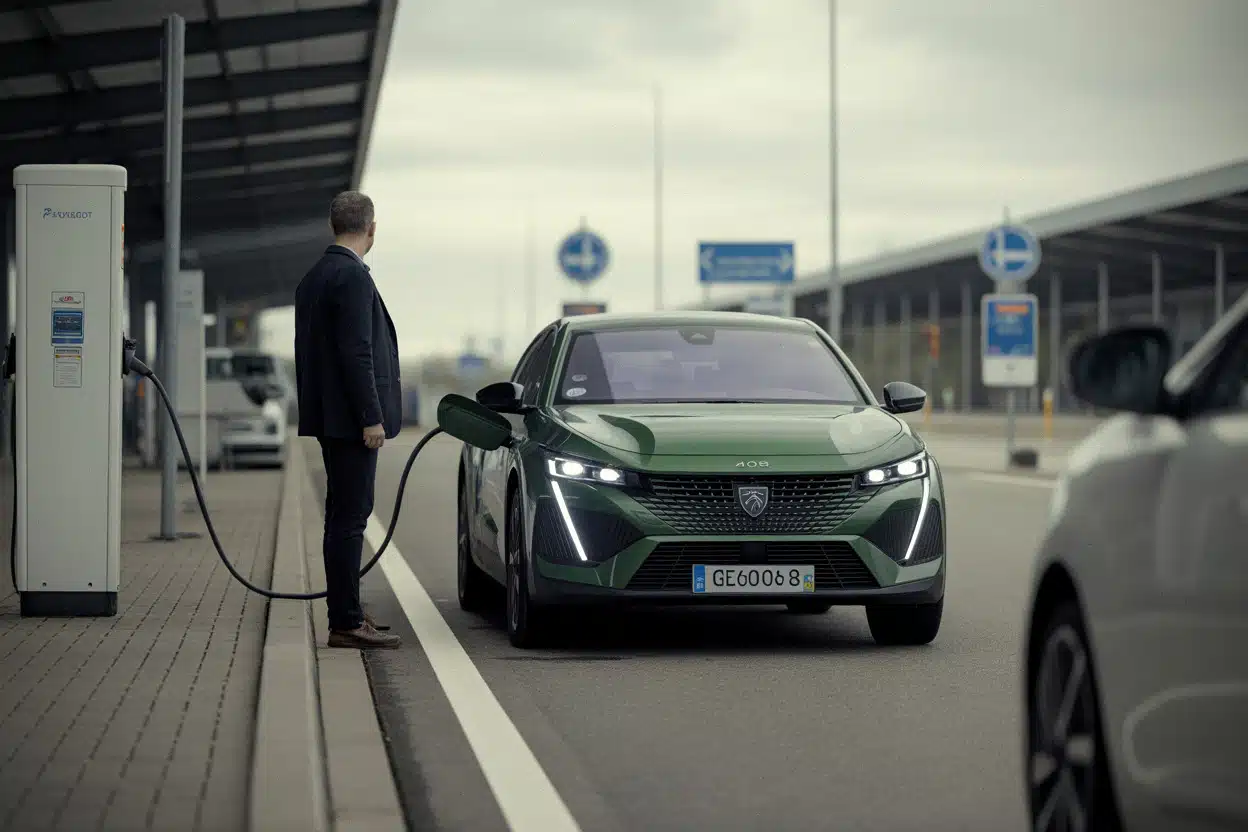 Peugeot 408 électrique branchée sur une borne rapide autoroutière
