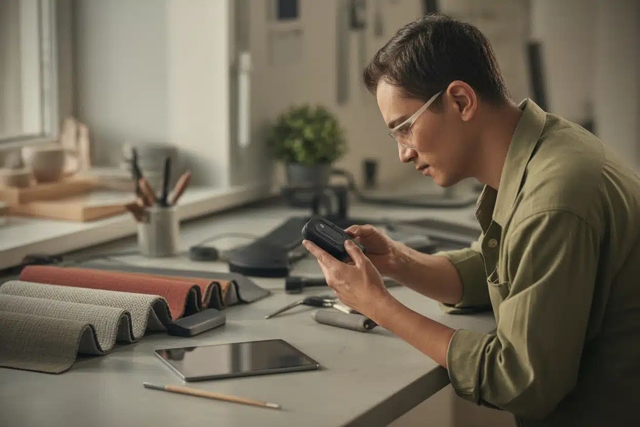 Studio de design évoquant Jony Ive et appareil IA