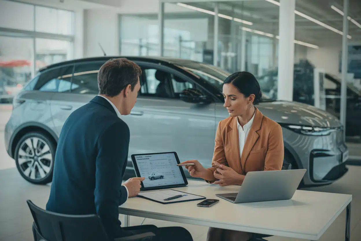 Client vérifiant un devis Kia EV4 en concession automobile