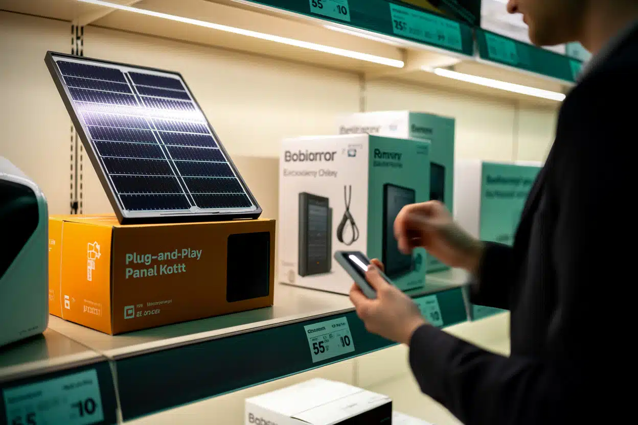 Kit solaire plug-and-play présenté en rayon chez un distributeur spécialisé