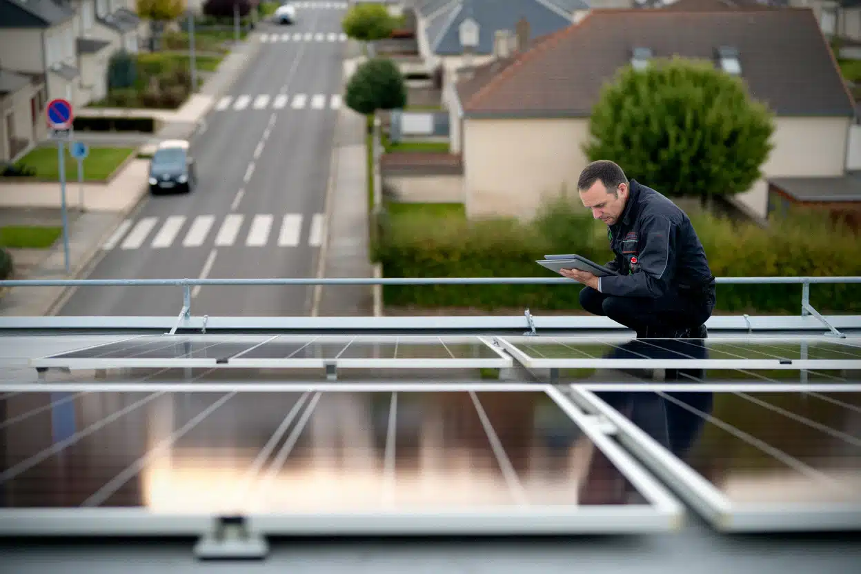 Technicien évaluant une toiture communale pour panneaux photovoltaïques