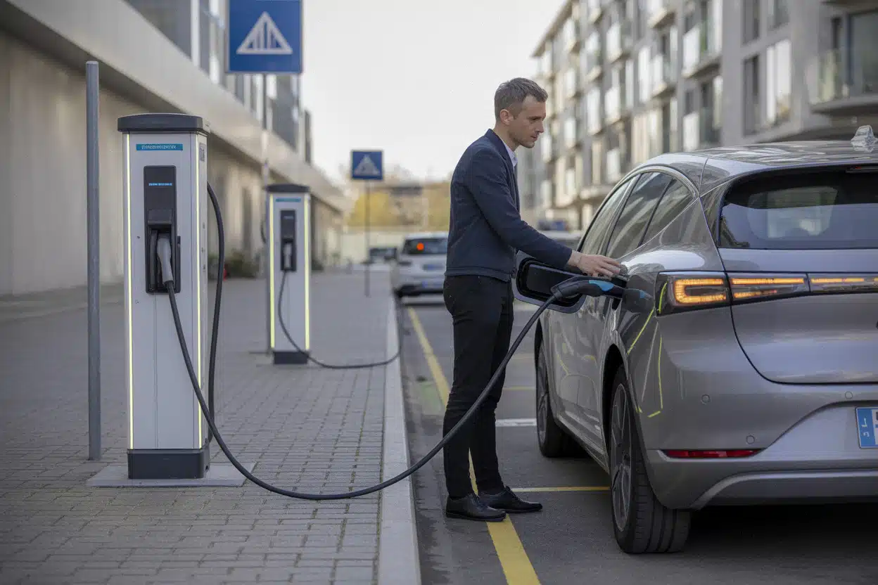 Borne de recharge utilisée par une voiture électrique à Nantes
