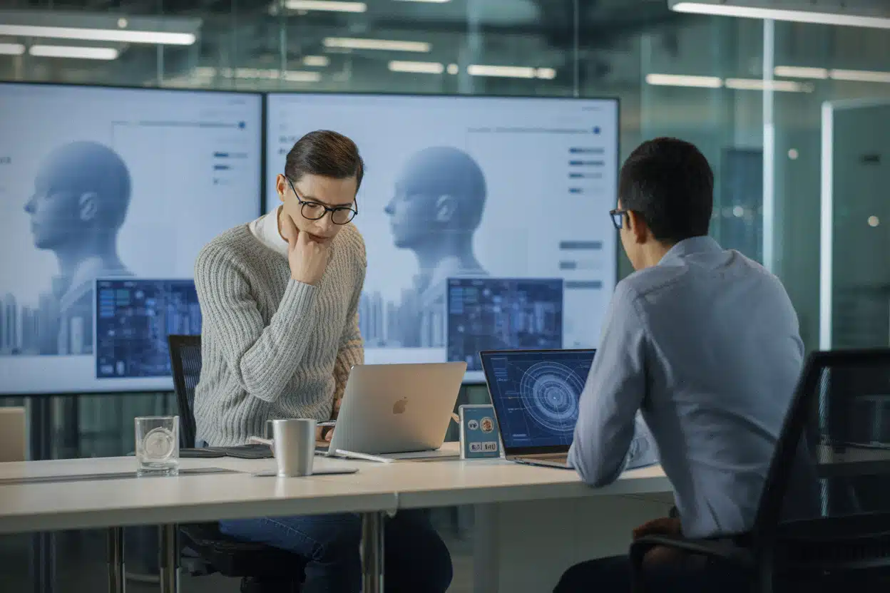 Ingénieurs travaillant sur l’intelligence artificielle dans un bureau moderne