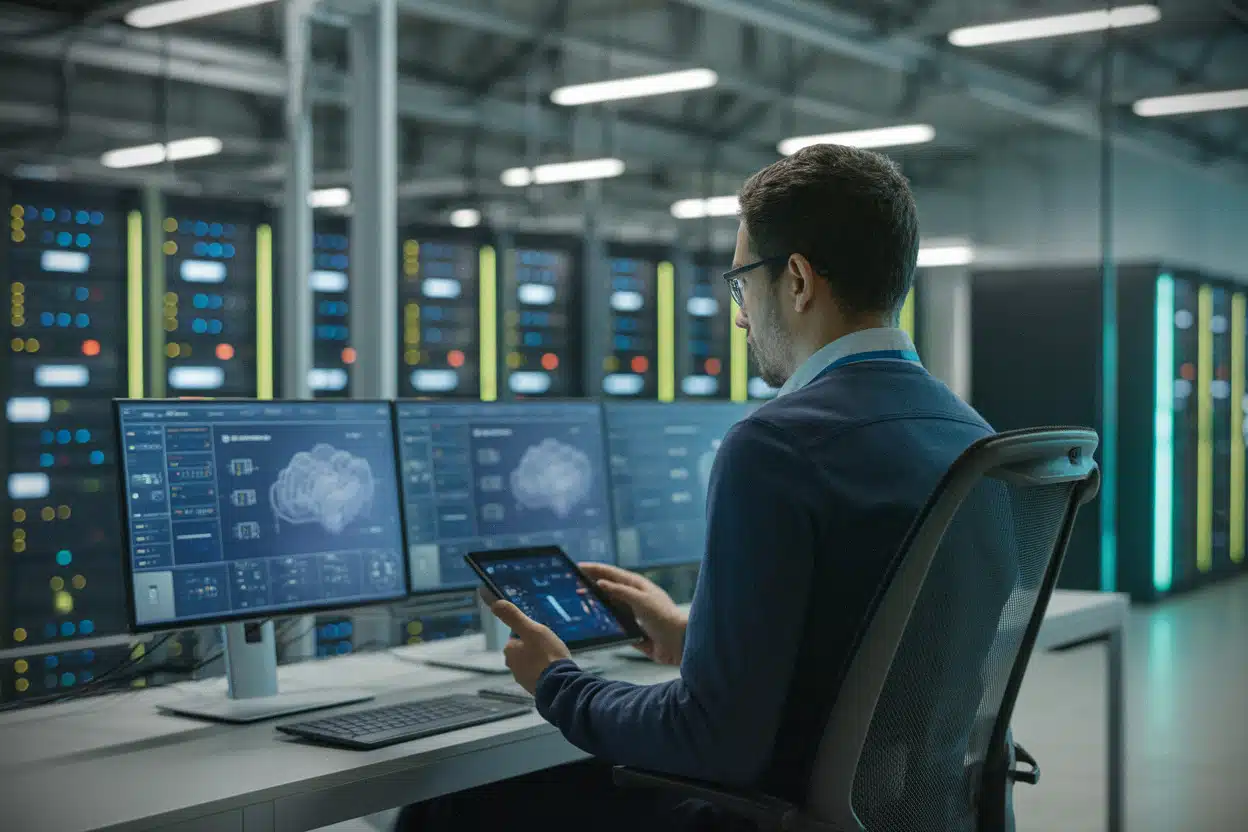 Technicien surveillant des serveurs cloud dédiés à l’intelligence artificielle