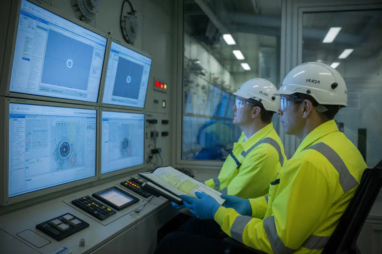 Salle de contrôle nucléaire civile avec ingénieurs et équipements de surveillance