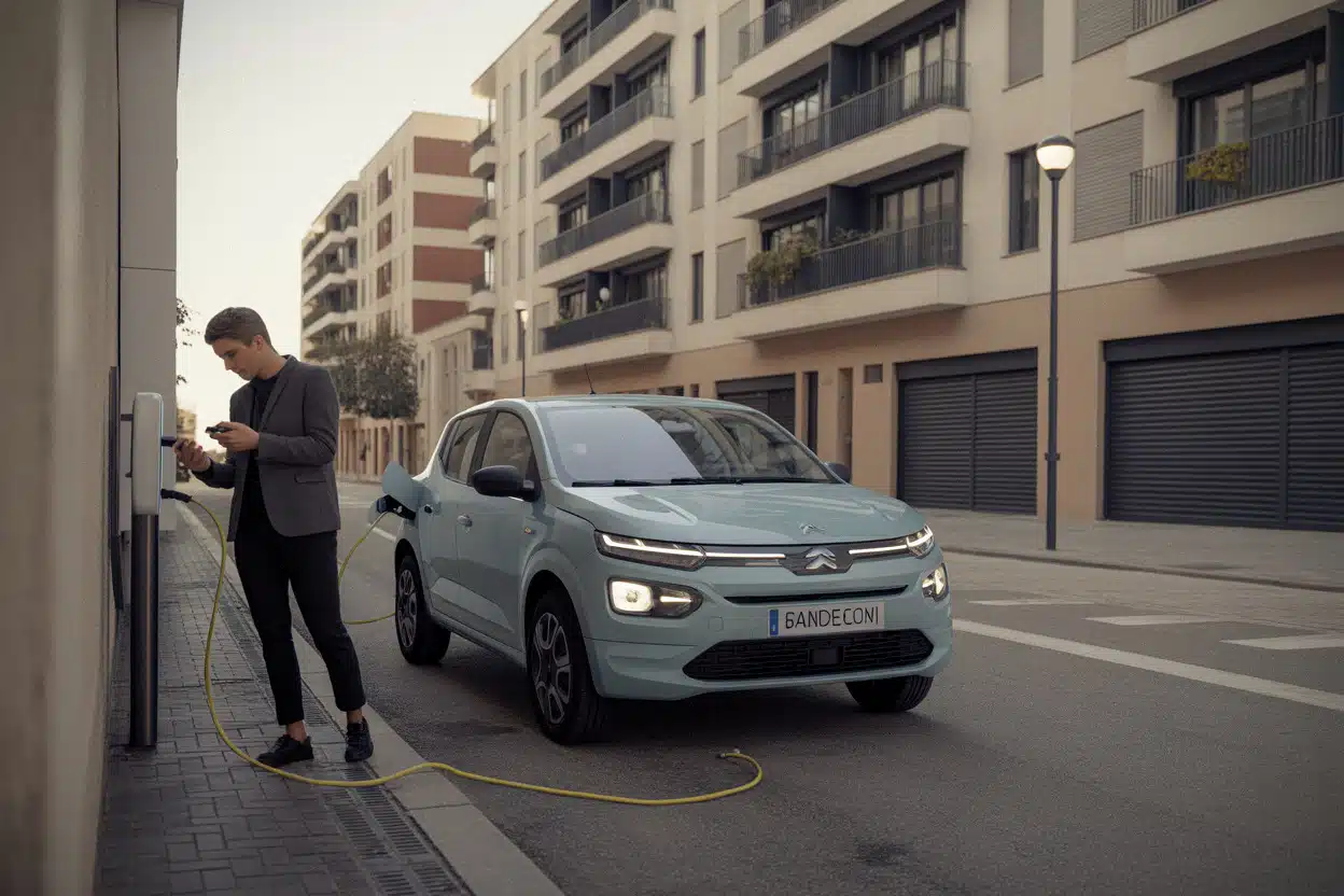 Prototype de Sandero électrique en recharge dans une rue européenne