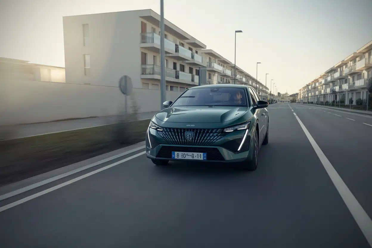 Peugeot 408 électrique en usage quotidien sur route périurbaine