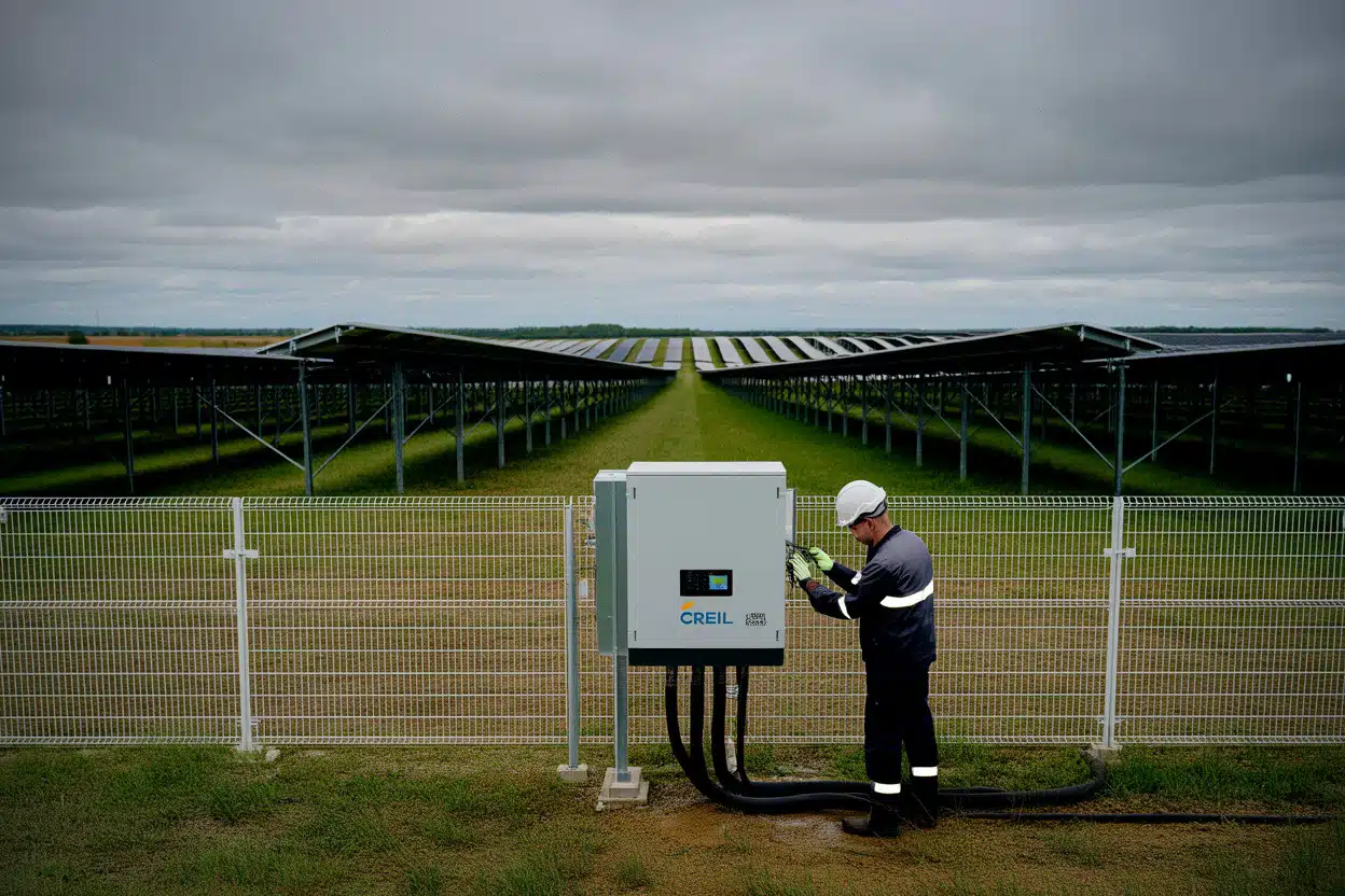 Technicien inspectant la centrale solaire Photosol de Creil