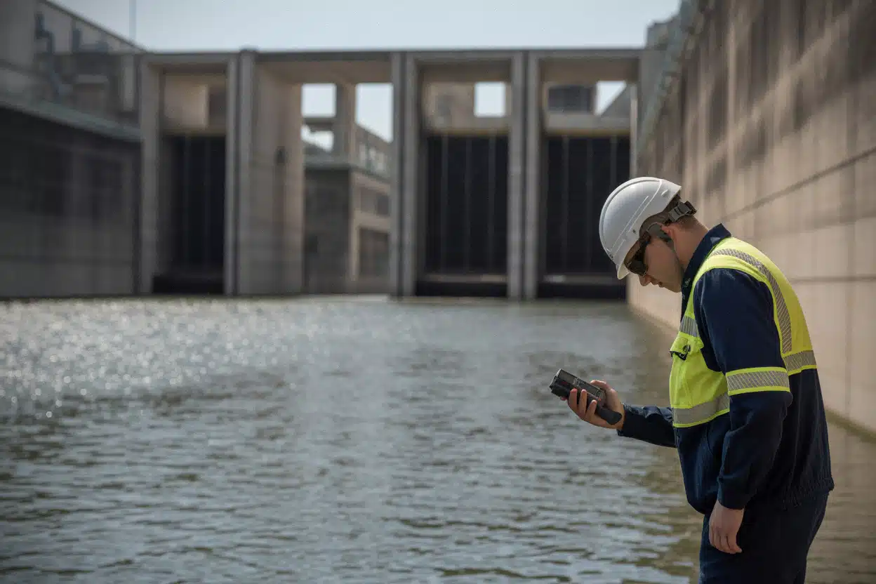 Technicien contrôlant l’eau près d’une centrale EDF en canicule