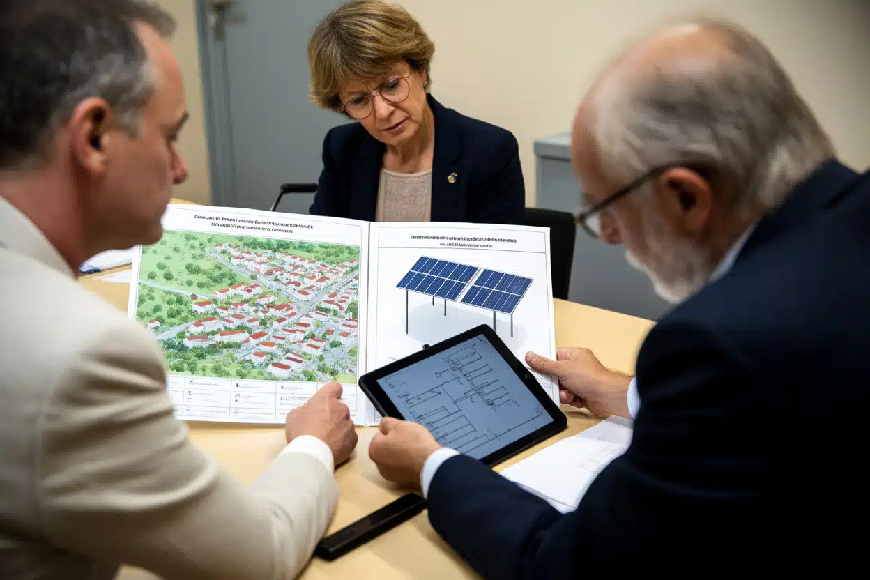 Élus examinant un dossier solaire et des règles d’urbanisme