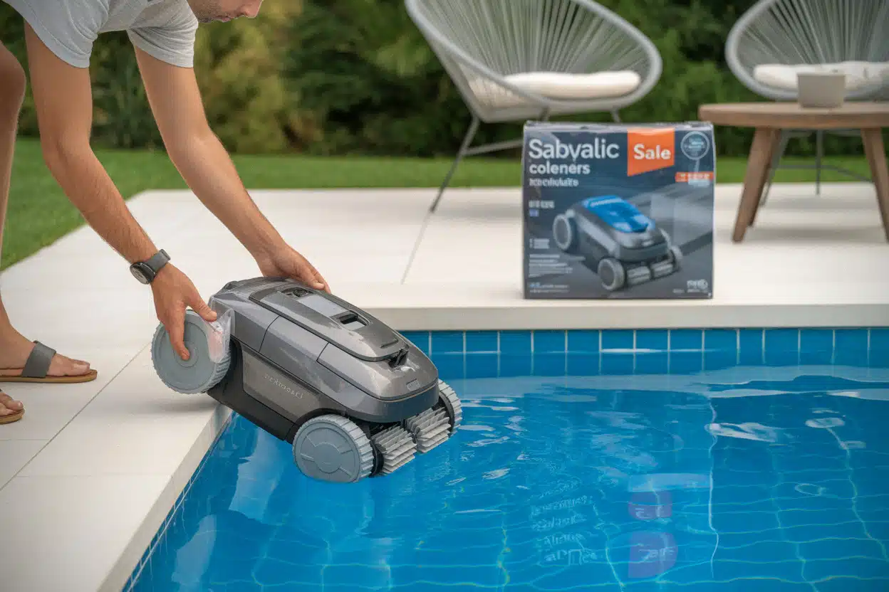 Robot de piscine nettoyant un bassin familial pendant les soldes d’été