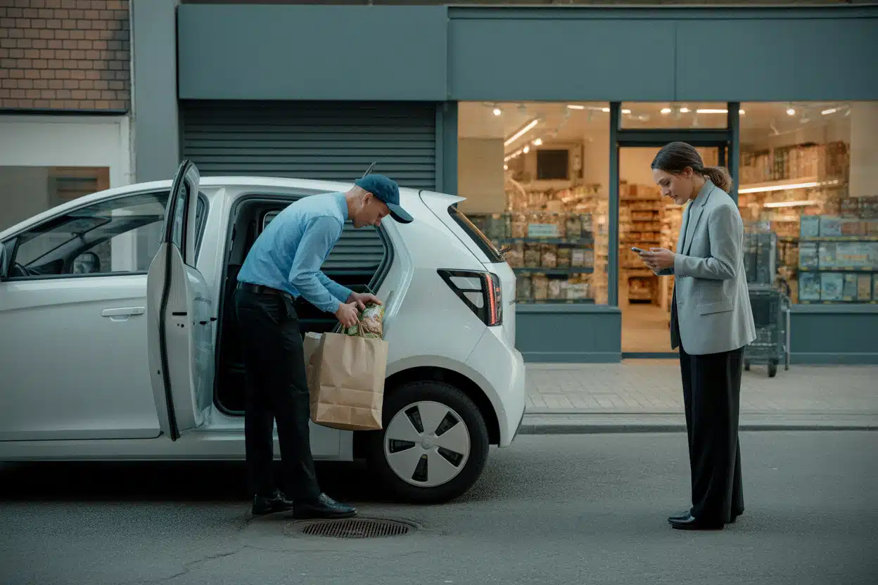 Livraison collaborative de proximité devant un commerce local