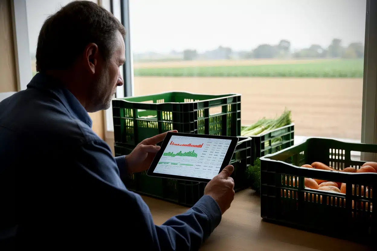 Producteur agricole consultant les prix à la production sur tablette