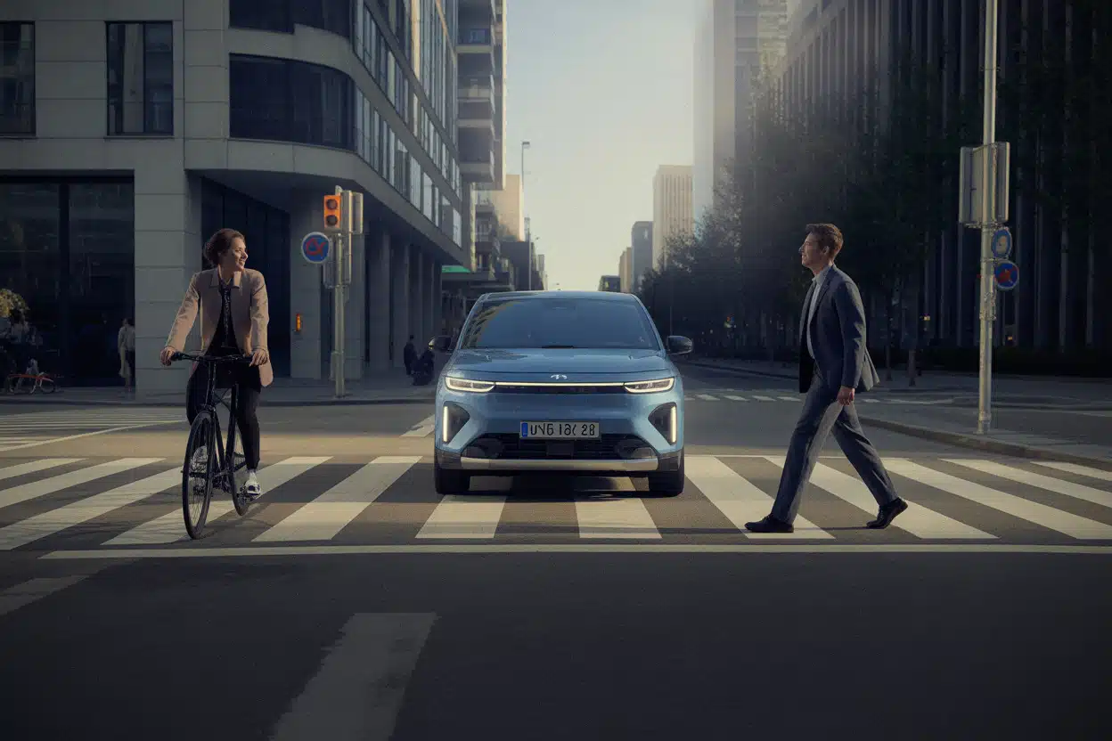 Voiture neuve protégeant piéton et cycliste en ville