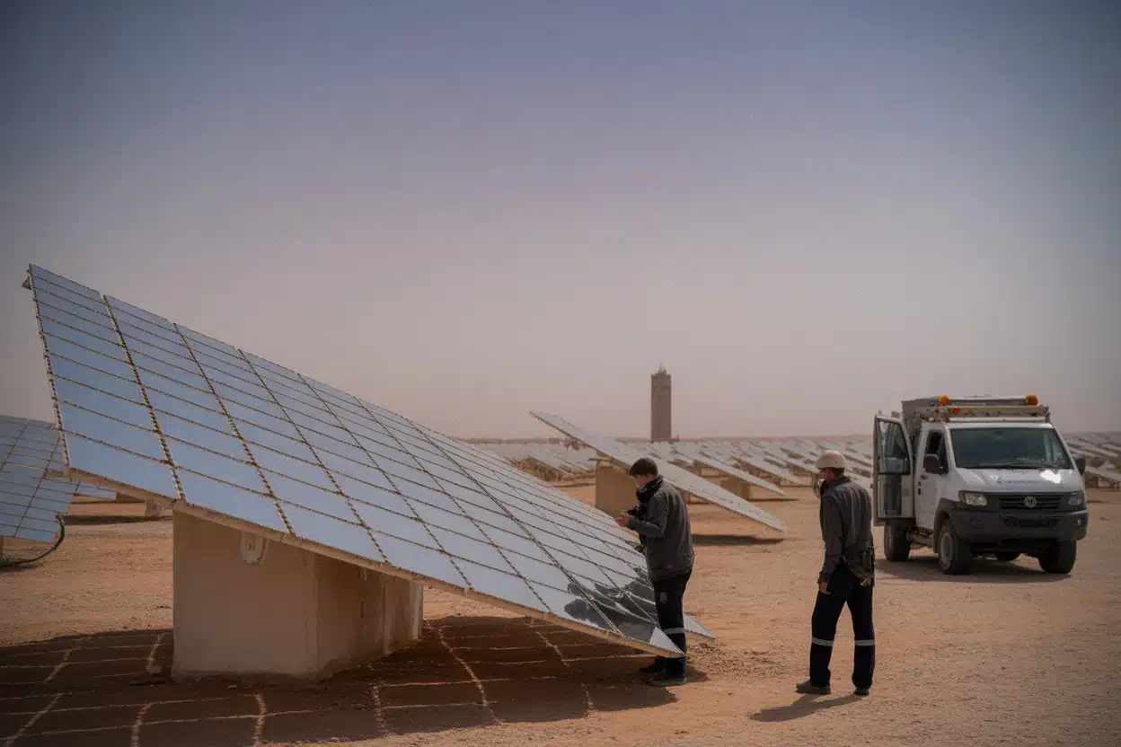 Techniciens inspectant des miroirs solaires près de Ouarzazate