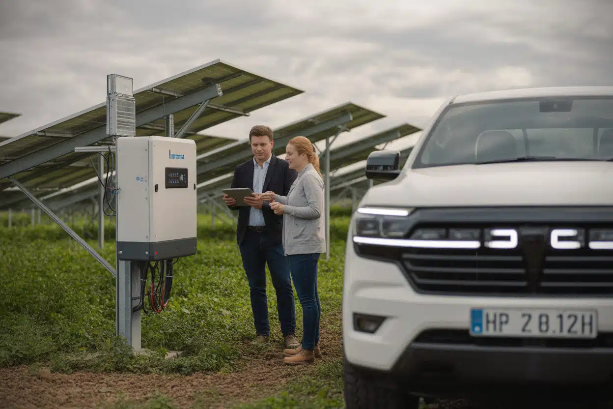Agriculteur et technicien évaluant un projet solaire agricole connecté au réseau