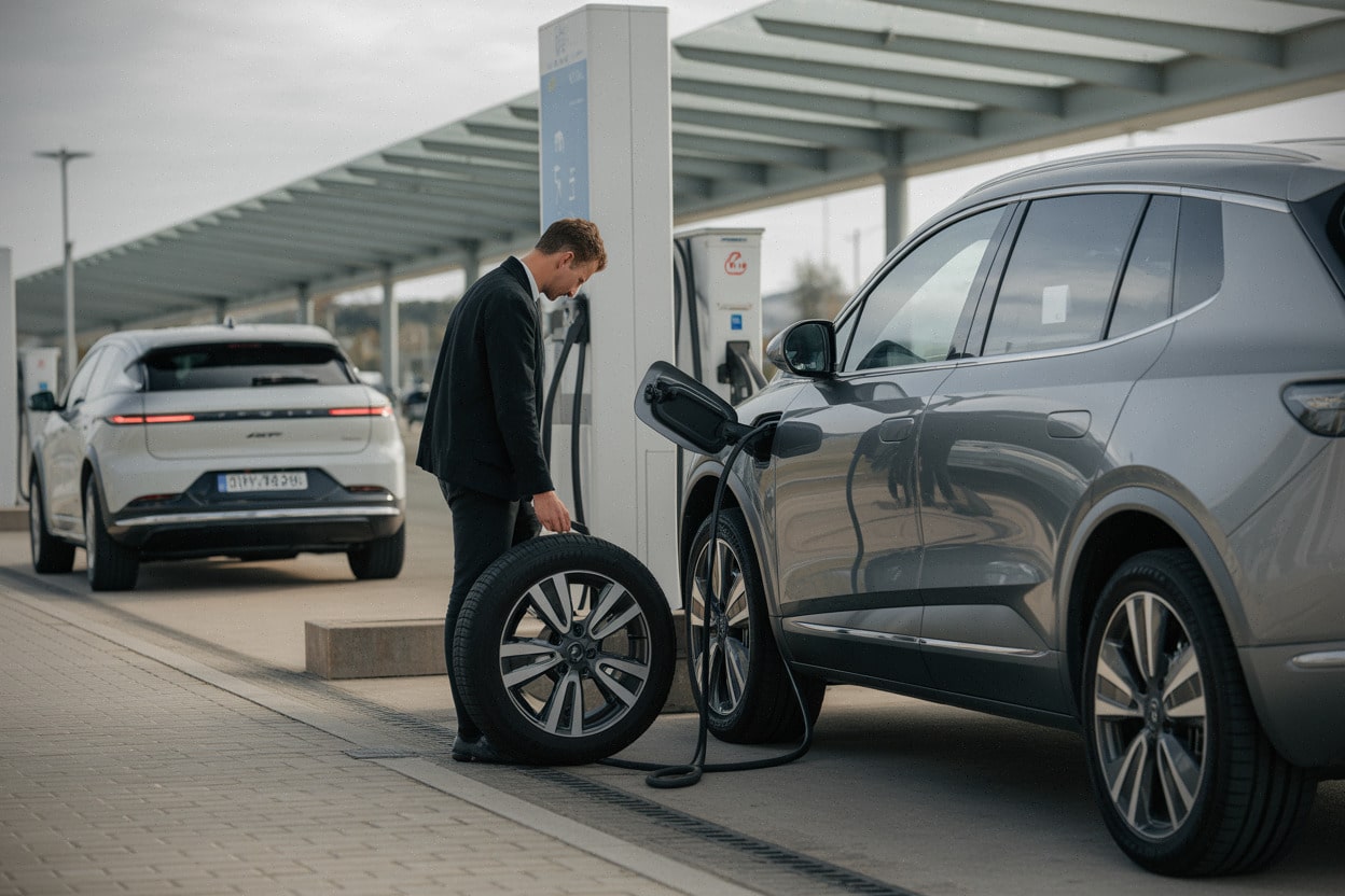 Contrôle de pression des pneus sur un SUV électrique sportif