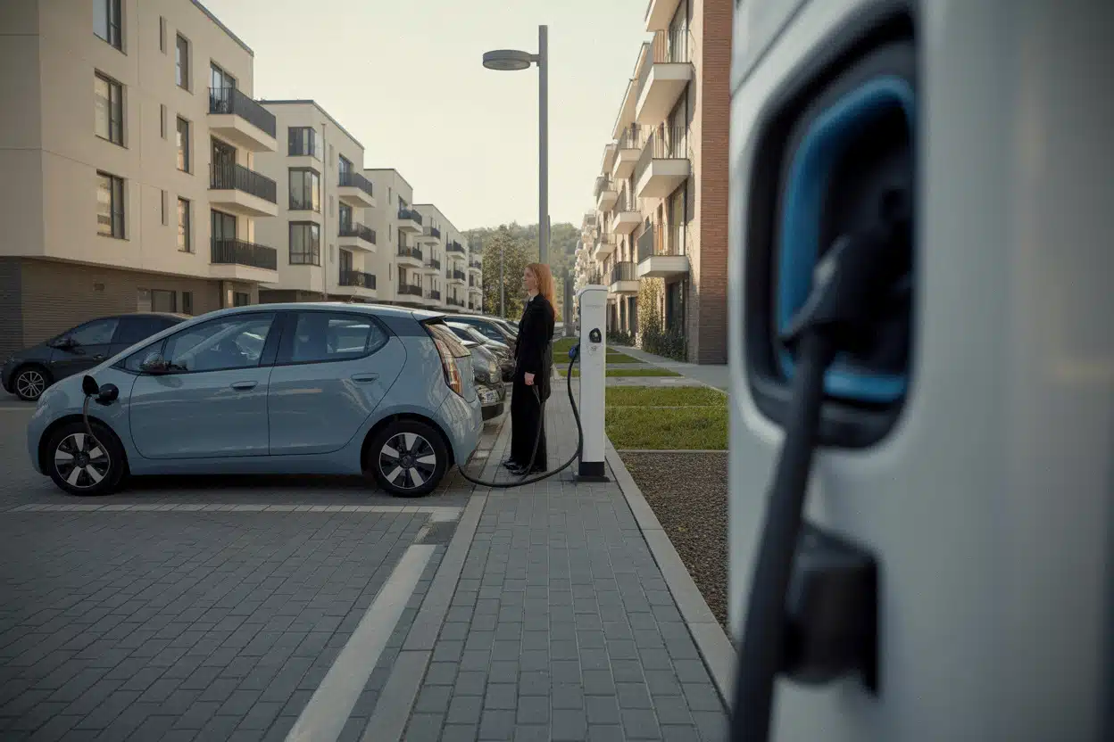 Recharge publique pour voiture électrique en quartier résidentiel