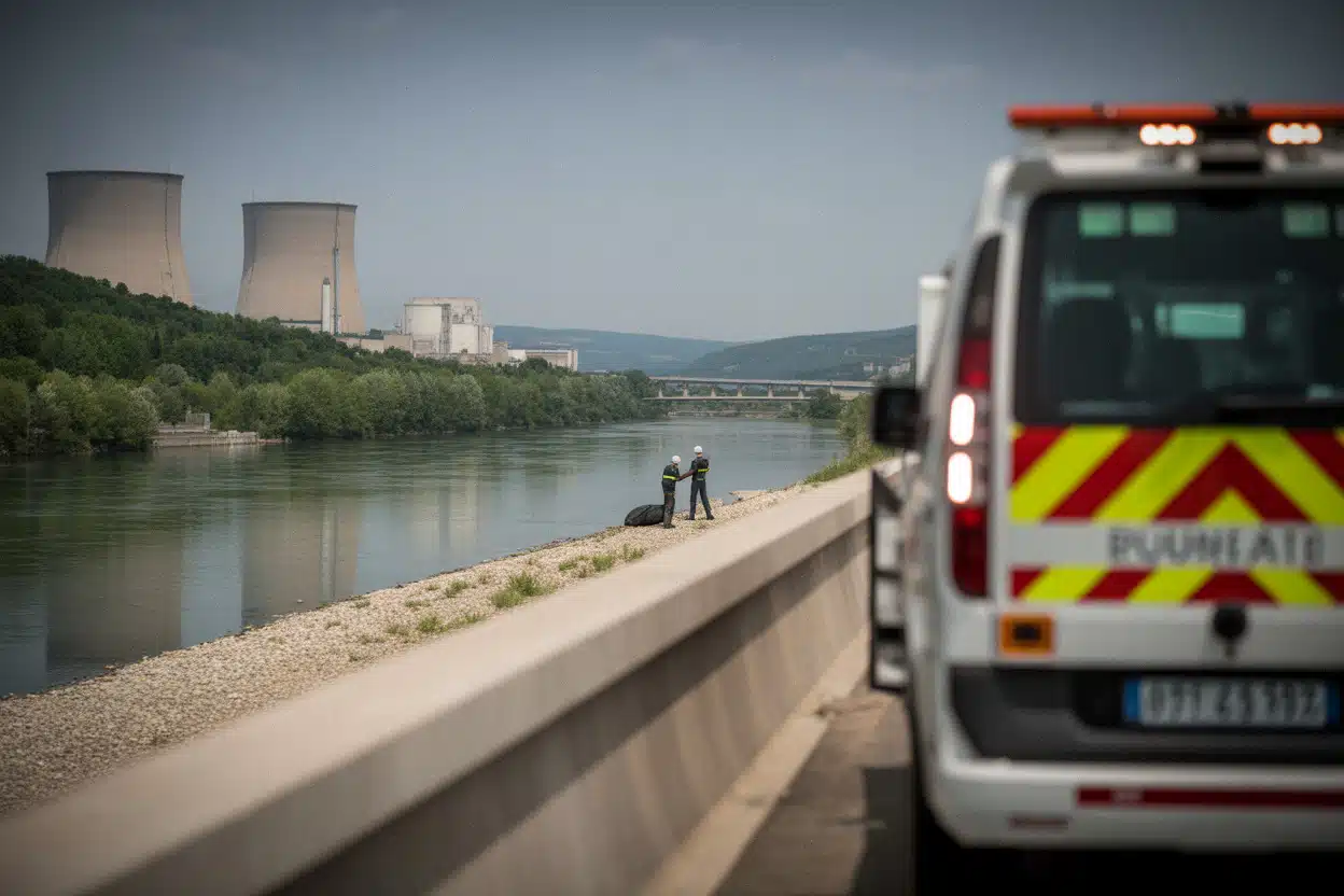 Techniciens mesurant la température de l’eau près d’une centrale