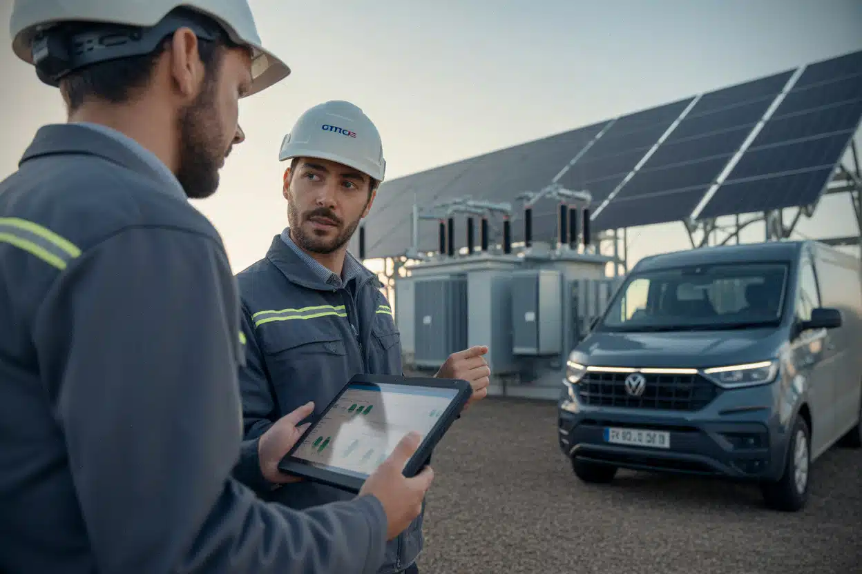 Techniciens vérifiant le raccordement d’une centrale solaire locale